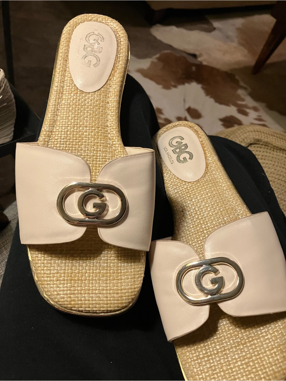 GBG Los Angeles Cream Slide Sandals with Gold Logo Accent